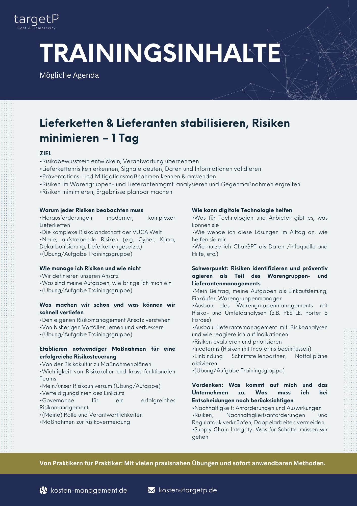 Kostenmanagement, Kostenanalyse Risikomanagement Training